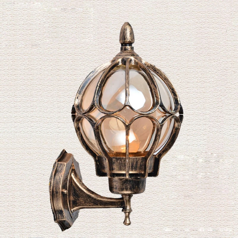 

American vintage bronze aluminum waterproof outdoor wall sconce light fixture European cognac glass ball E27 LED bulb wall lamp