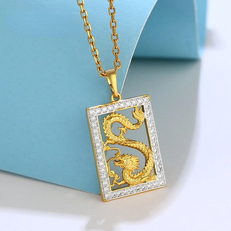 

Vigorous Hollow Dragon Square Tag Pure 14k Gold Color Necklace Chain for Women Lively Jewelry Gifts Wedding Birthday Necklaces