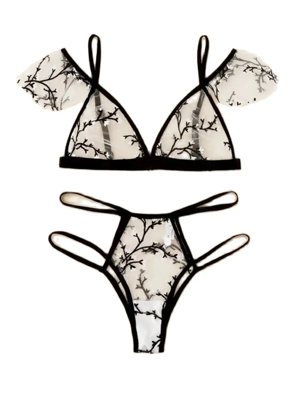 

New Sexy Bra Floral Embroidery Sheer Mesh Lingerie Set Push Up Bralette+Hollow Out Thong Women Sexy Intimates Underwear