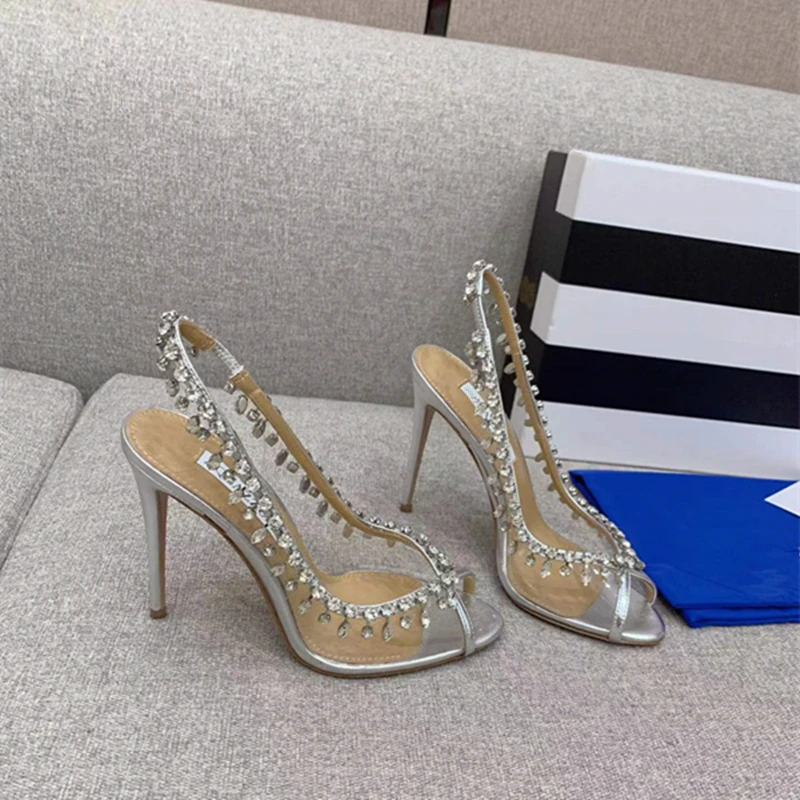 Spring and summer new European and American women's fish mouth high heels transparent rhinestone fashion banquet shoes