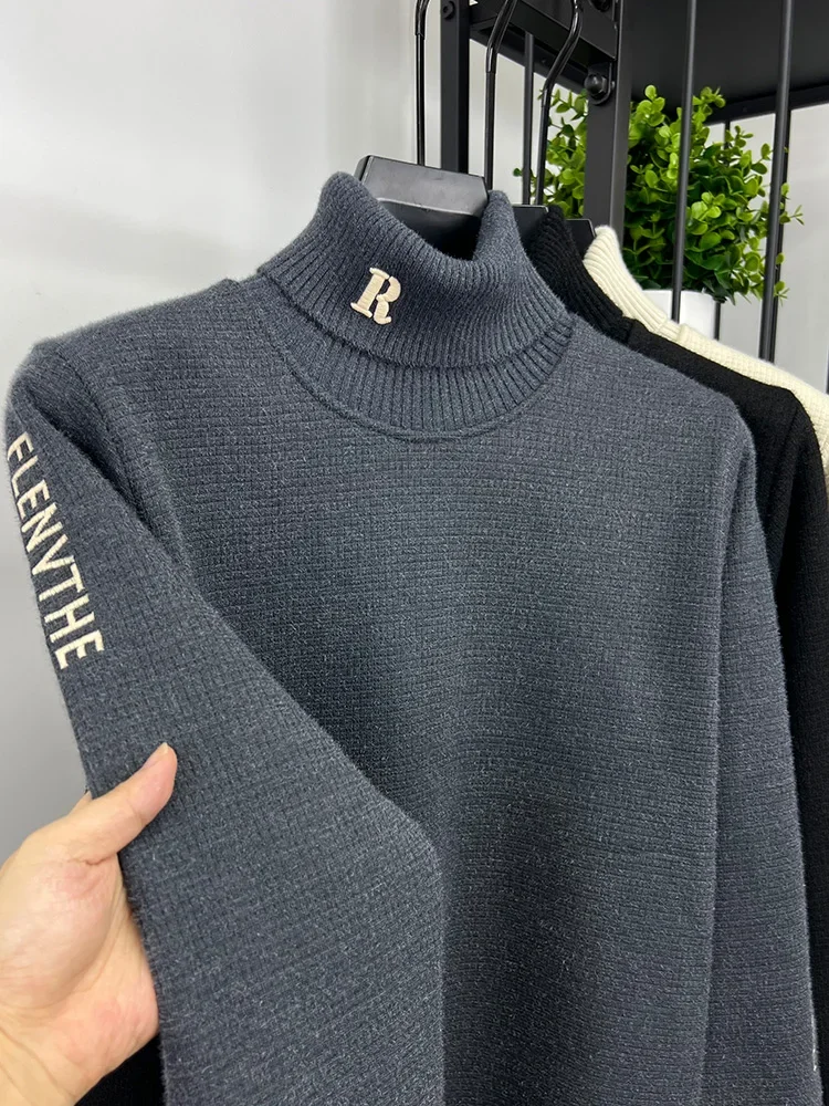 Мужской пуловер из шерсти с вышивкой бархатный свитшот высоким воротом толстый