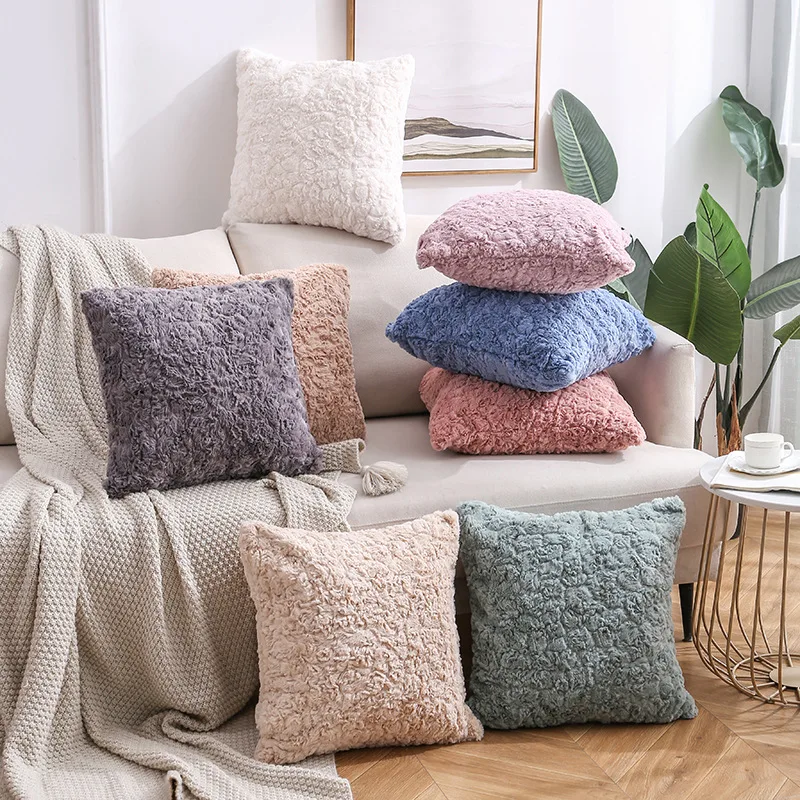 

Embossing Plush Pillow Case Home Furnishing Articles Two-sided Solid Color Sofa Cushion Cover Office Bolster