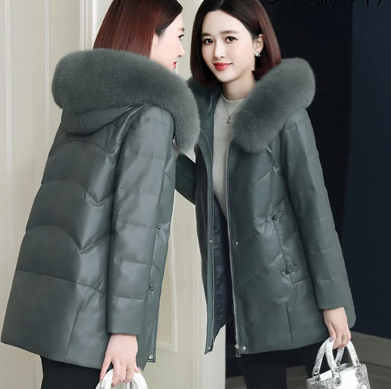 

2023 Real Leather Jacket Women Winter Mid-length Down Coats Fox Fur Collar Genuine Sheepskin Coat Puffer Jackets Veste Femme