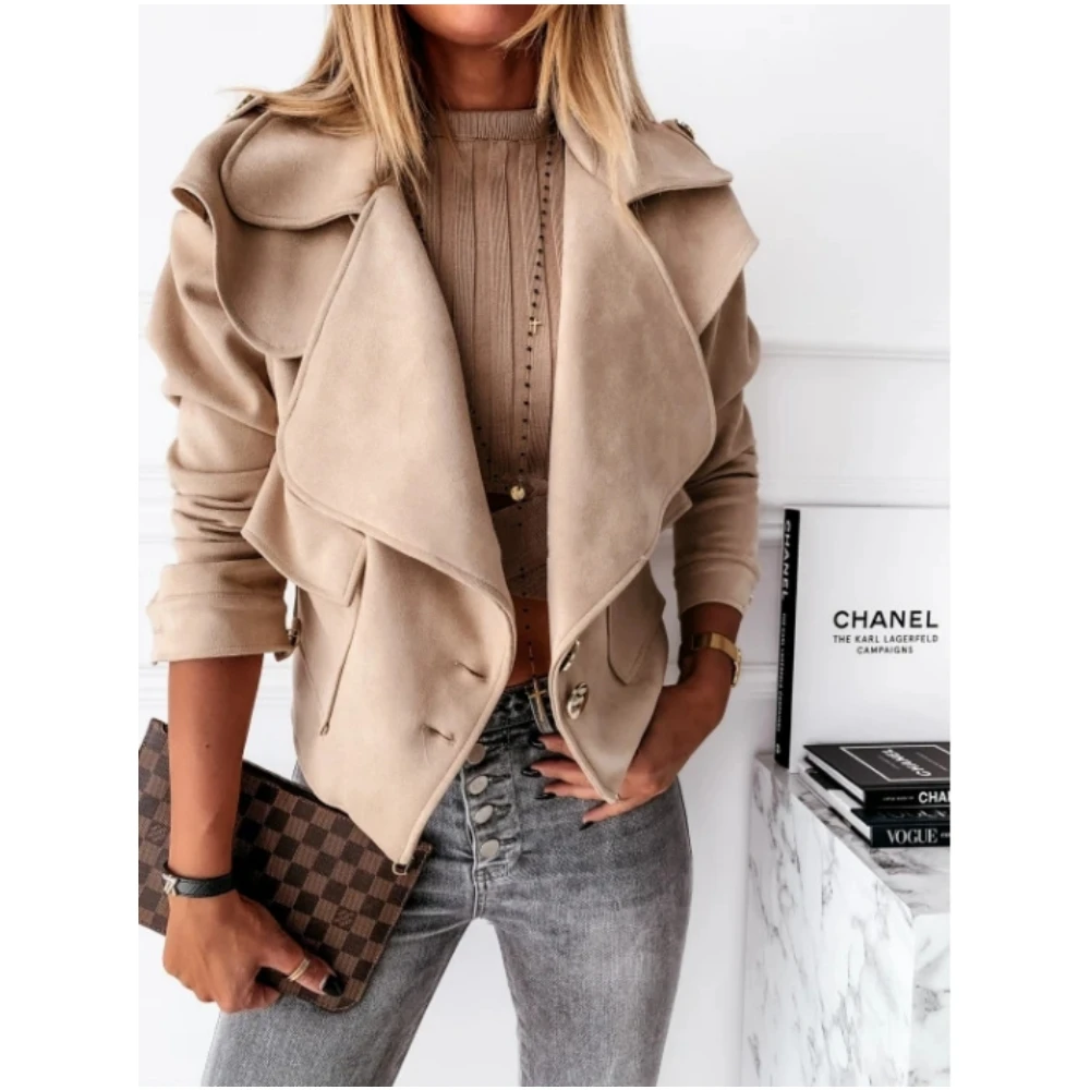 

Elegant Women's Solid Color Slim Fit Buckskin Button Jacket Autumn/Winter Office Lady Long Sleeve Lapel Casual Small Coat S-XXL