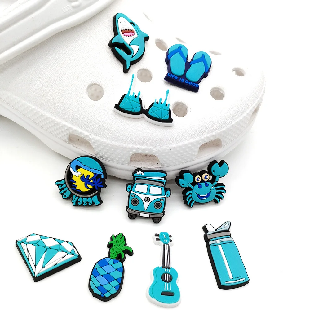 10 Pcs Cartoon Blue Shark Ocean Diy Shoes Accessories Children'S Gift Pvc Croc Charms  Accessories Bracelet Decoration