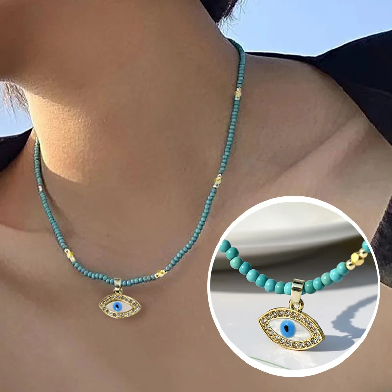 

Demon Eye Beaded Necklace for Women Blue Stone Pendant Necklace Female Aesthetic Jewelry Party Accessories Girls Gift