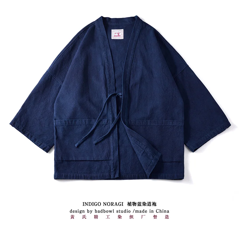 

BADBOWL Japanese Vintage Plant Indigo Mens Blue Dyeing Road Robe Retro Casual Kimono Jacket 2023 Spring Autumn Loose Coat