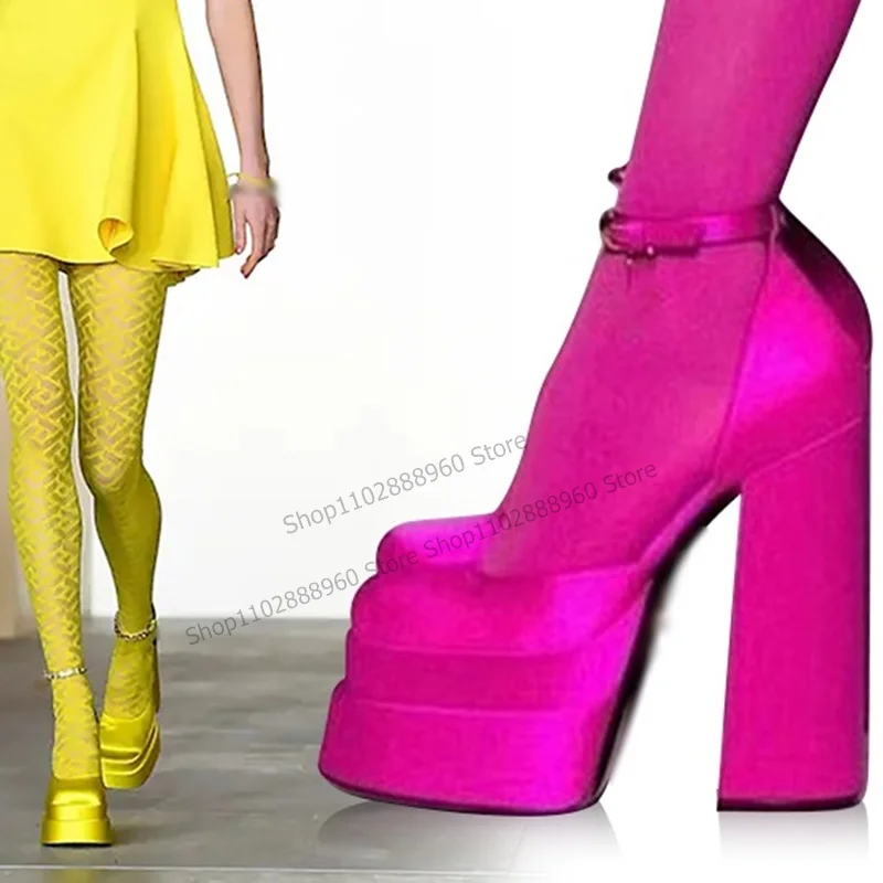 

Женские атласные туфли на платформе, розово-красные туфли на массивном высоком каблуке, с ремешком на щиколотке и пряжкой, с квадратным носком, 2023