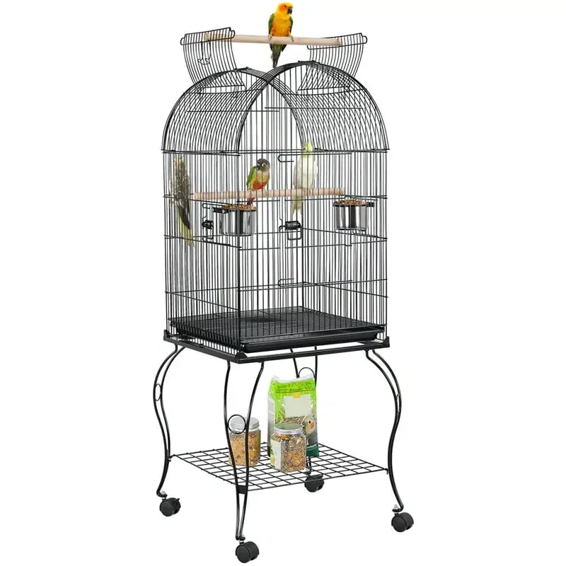 

Rolling Metal Parrot Cage with Open Top For Small Birds, Black, 59" H