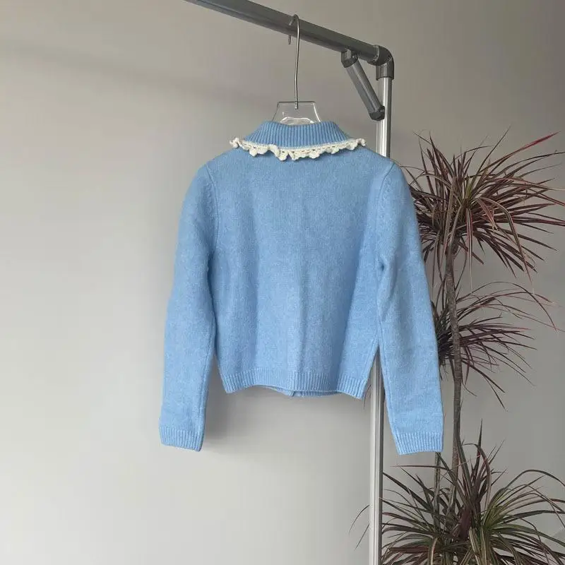 Подиумный шерстяной вязаный синий кардиган с 3D цветочной вышивкой свитер