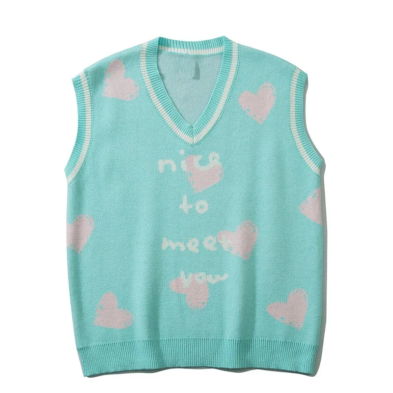 High Street Knitted Sweater Vest Men Fashion Letters Heart Sleeveless Pullover Harajuku Casual Loose Tops Couple Streetwear 2021