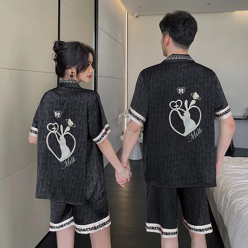 Luxury Pajama Suit Couple Pajama Set Silk Satin Vintage Print Love Design Sleepwear Summer Men&Women 2 Piece Sets Slim Homewear