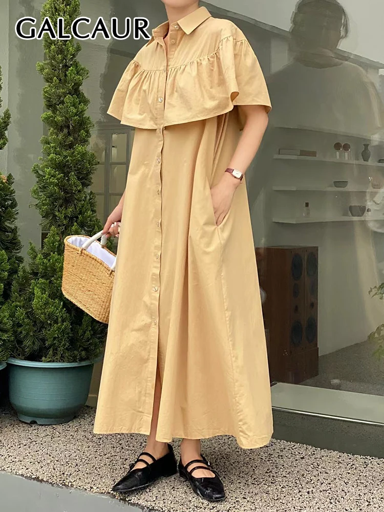

GALCAUR Korean Fashion Patchwork Dress For Women Lapel Short Sleeve Loose Solid Minimalist Midi Dresses Female Summer Clothing