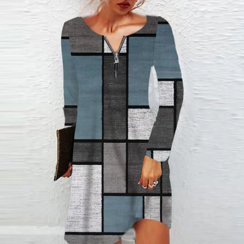 Модный пуловер с рукавом до локтя и принтом платья-рубашки женское повседневное