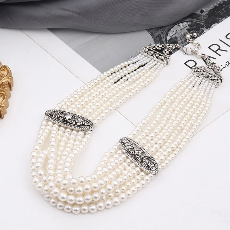 

Elegant Glass Pearl Multilayer Vintage Choker Necklace for Women Short Collares Colares Collier Femmel