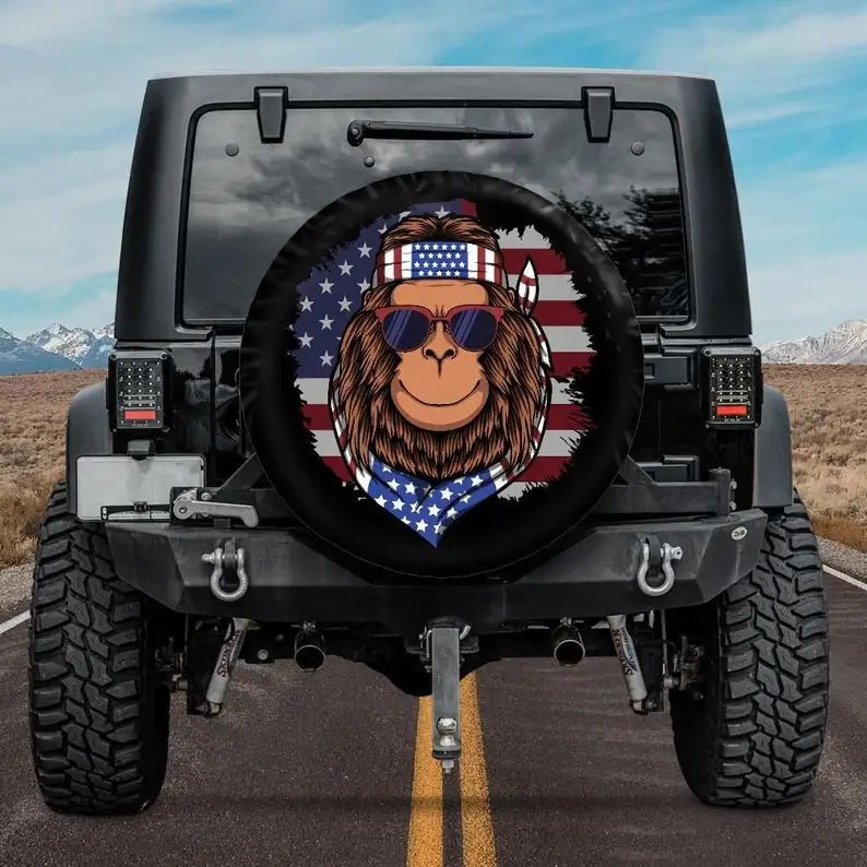 

Spare Tire Cover with Bigfoot and American Flag, Spare Tire Cover for , for Bronco, Bigfoot Wheel Cover, Camper Spare Tire C