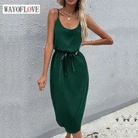 wayoflove woman summer sexy strap mid dress casual beach holiday split sashes solid color vestidos vintage elegant party dresses