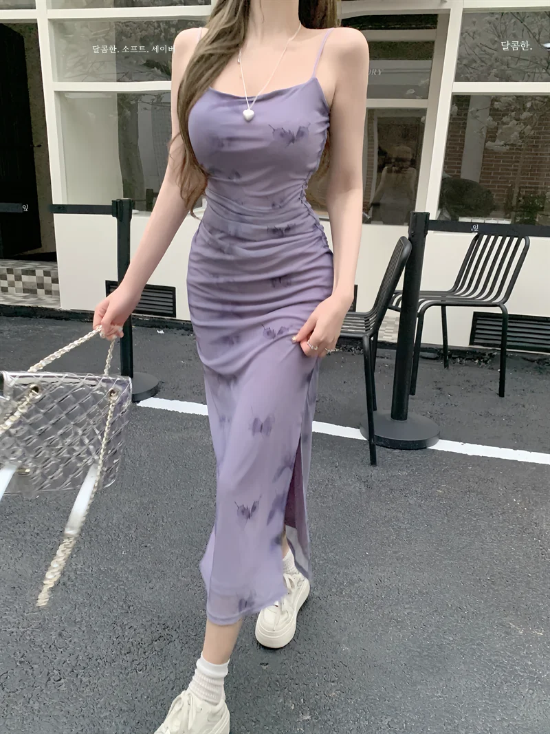 Женское Сетчатое платье на бретельках фиолетовое летнее сексуальное