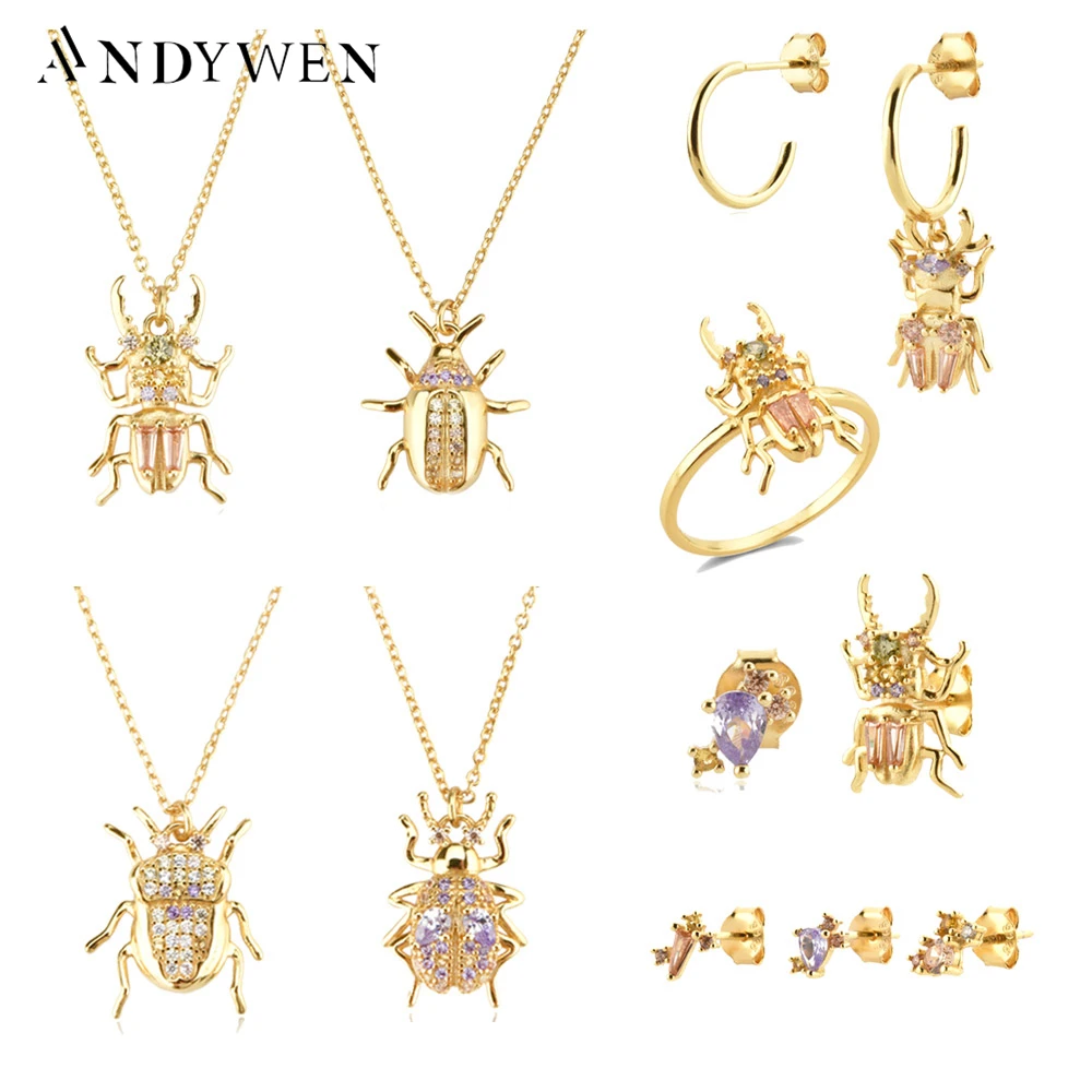 

ANDYWEN 925 Sterling Silver Gold CZ Beetle Animal Zircon Piercing Earring Drop Courage Rings Long Chain Necklace Jewelry Set