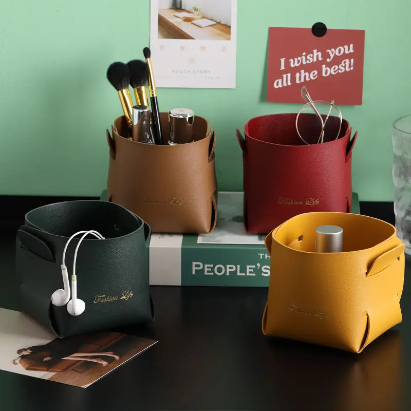 

Leather Porch Table Key Storage Box Folding Living Room Home Desktop Cosmetics Remote Control Stationery Sundry Storage Baskets