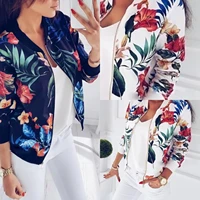 women floral jackets spring summer long sleeve zipper print bomber jacket casual pocket slim female fashion outwears plus size