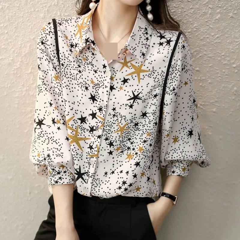 2022 spring fashion, casual, simple, Korean version, elegant, printed chiffon shirt, blouse,  button up shirt  women