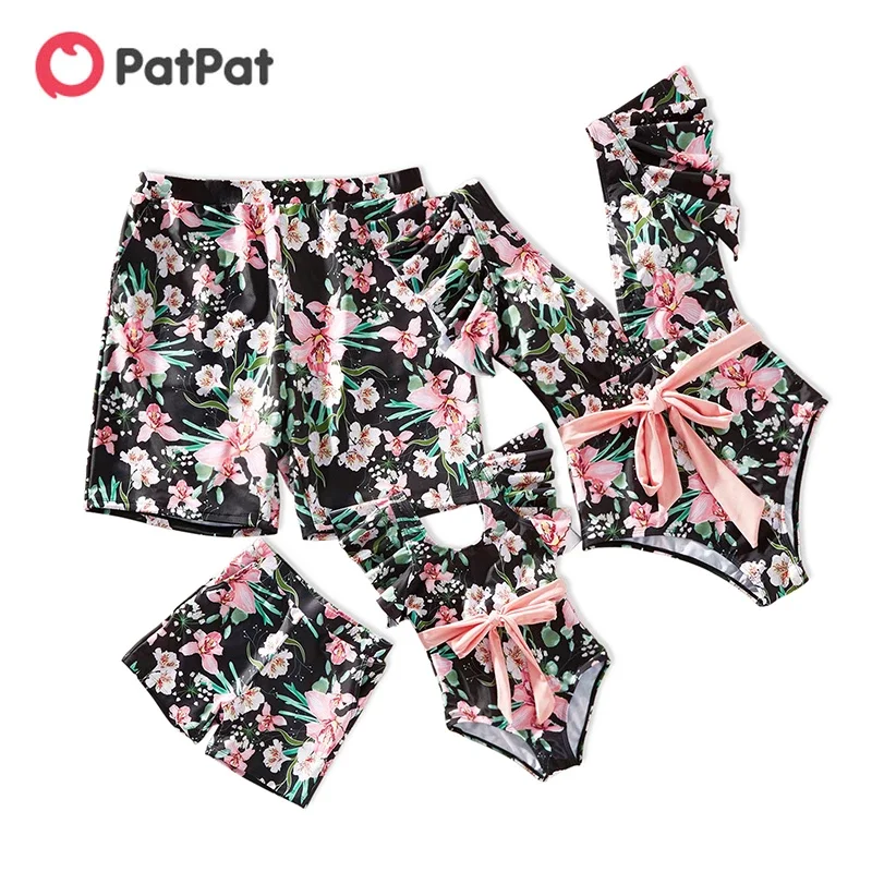 PatPat Floral Print Family Matching Swimsuits(Pink Waist Tie One-piece Swimsuits for Mommy and Girl Swim Trunks for Dad and Boy)