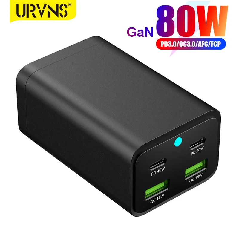 

Настольное зарядное устройство URVNS 80 Вт с 4 портами GaN III, зарядная станция USB C PD 40 Вт 20 Вт, быстрая зарядка QC3.0 для Galaxy iPhone 14, iPad Air/Pro