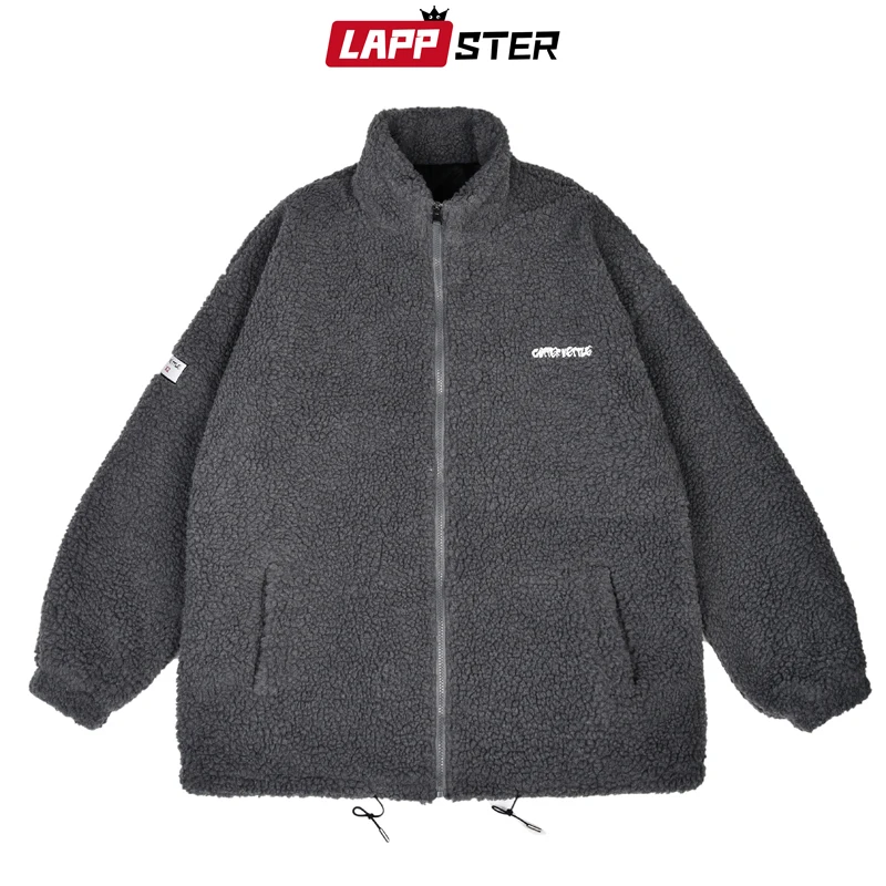 LAPPSTER-Youth Hip Hop Winter Fleece Fluffy Jacket Harajuku Fuzzy Zipper Coat Embroidery Autumn Solid Lightweight Jackets Black