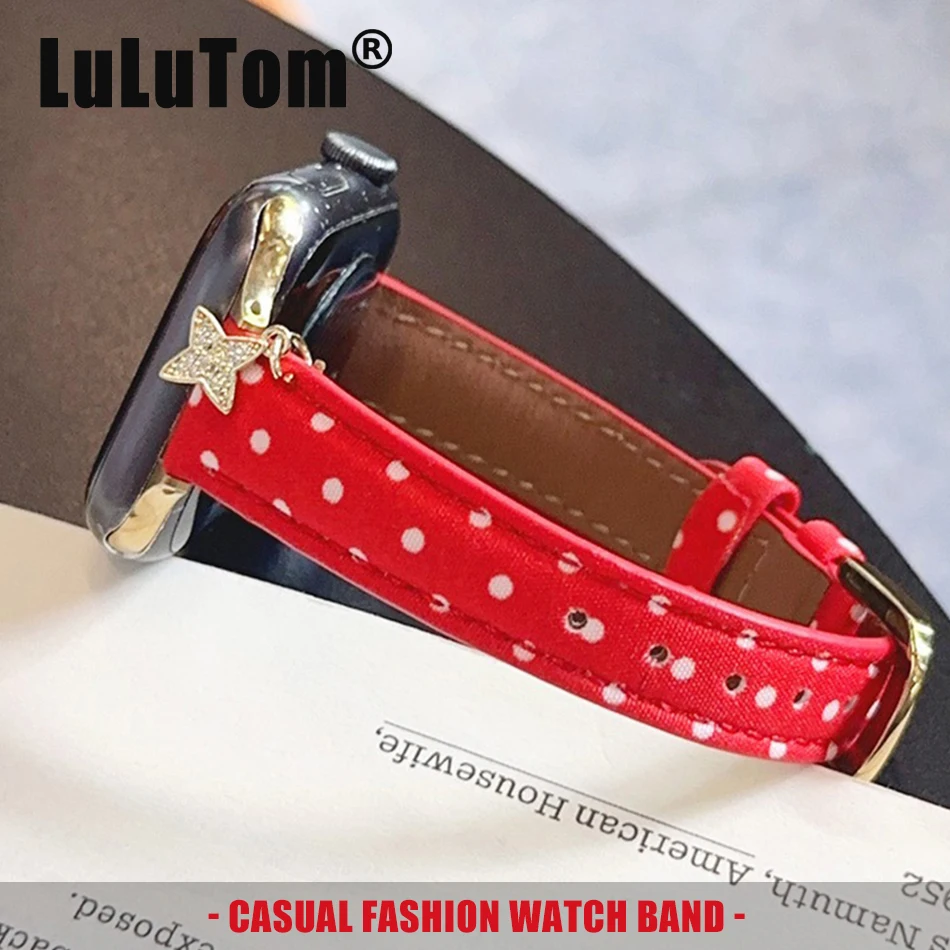 Фото Ремешок из искусственной кожи в горошек для Apple Watch Series 11, 10, 9, 8, 7, 6, 5 SE UItra iWatch 49/46/45/44/42/41/40/38 мм, тонкий ремешок-браслет №1