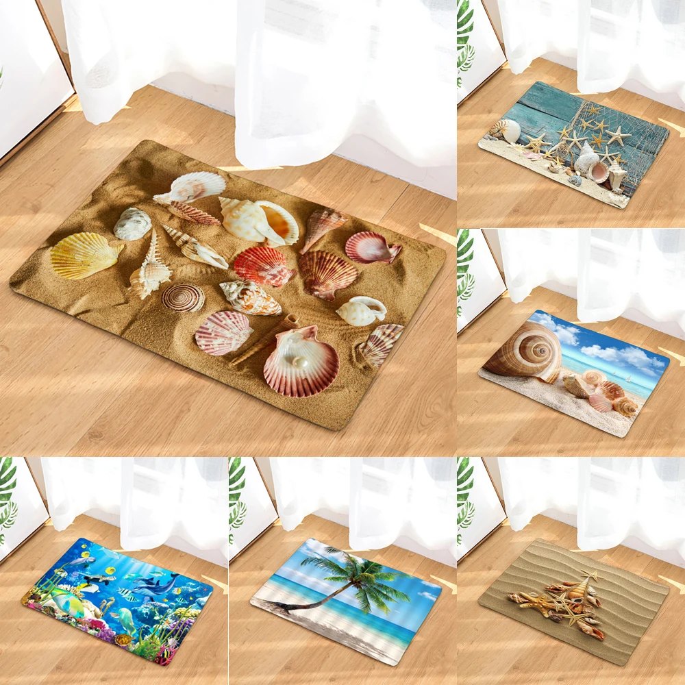 

Bathroom Non-slip Mat Funny Sea Beach Shells 3D Printed Bath Mat Floor Carpet Flannel Toilet Rug Doormat 45*75CM and 40*60CM