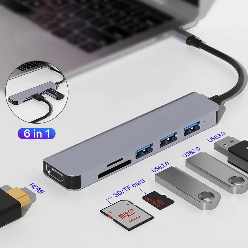 

6 in 1 USB C HUB Adapter For 4K HDMI-Compatible USB 3.0 87W PD Charge Docking Station Type C Splitter For Macbook Air Pro