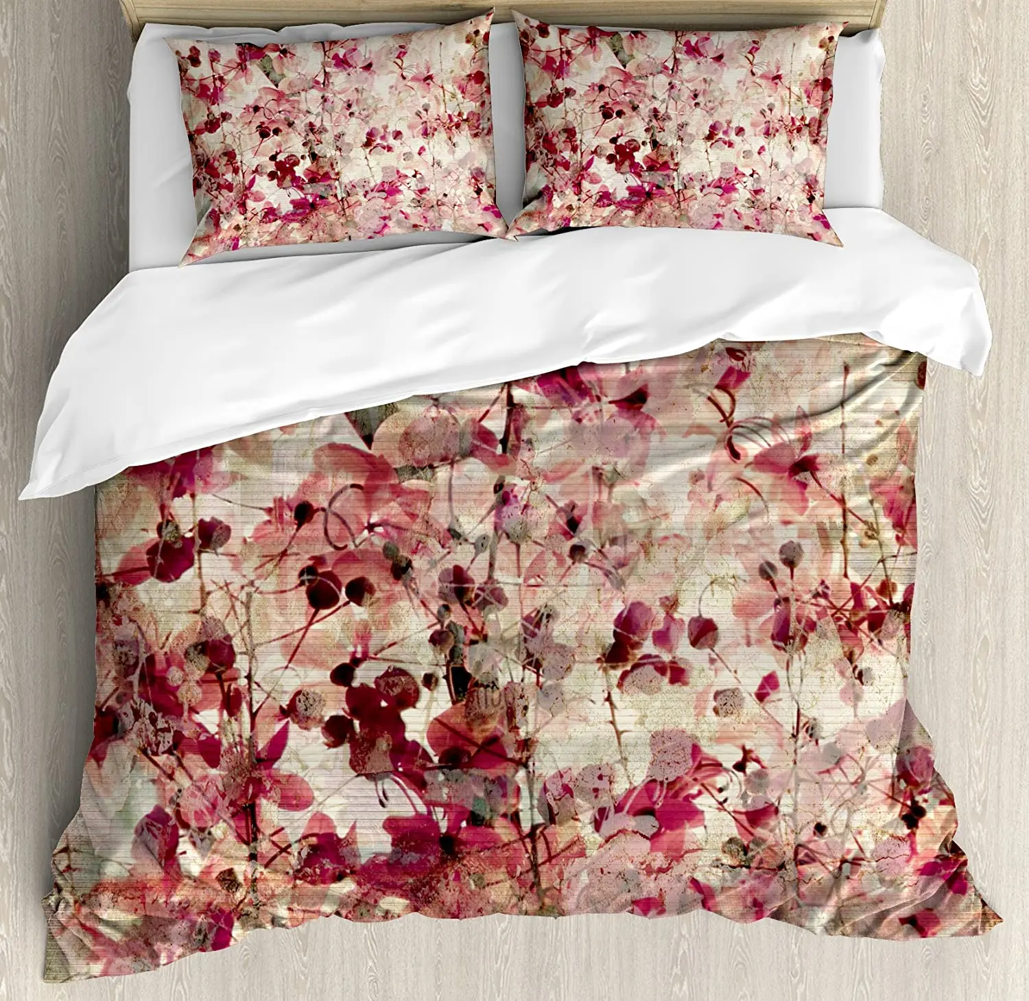 

Antique 3pcs Bedding Set Grungy Effect Cherry Blossoms on Ribbed Duvet Cover Set Bed Set Quilt Cover Pillow Case Comforter Cover