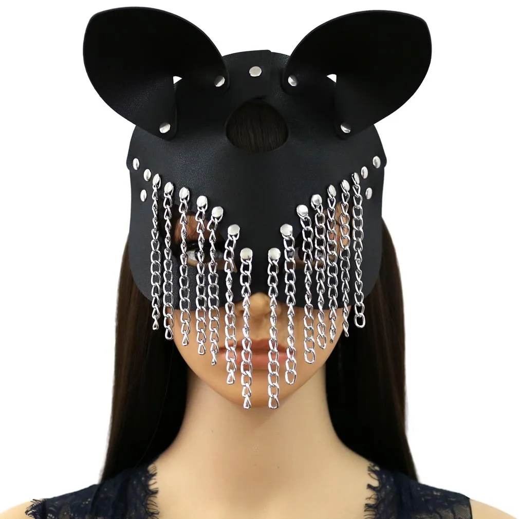 Fashion leather Mask Women PU Faux Leather Hollow Adjustable metal Chain tassel Mask Masquerade Party Lady Erotic Cosplay Ball F