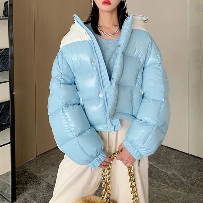 Bright Face High-End Down Jacket Women Winter 2022 New Collage Short Hooded Thickened 90 White Duck Down Fashion Coat Female