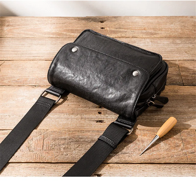 Simple casual designer natural genuine leather men's black messenger bag summer youth daily outdoor real cowhide shoulder bag