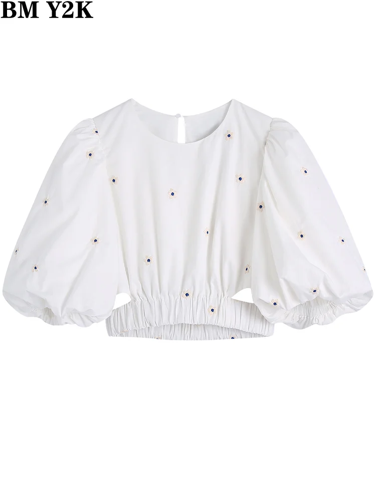 

BM Y2K blusas mujer de moda 2022 floral embroidery crop poplin blouses vintage puff sleeves elastic hem female shirts chic tops