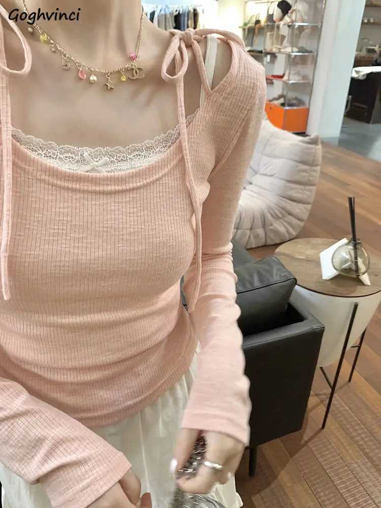 Имитация 2 шт. футболки женские нежные бандажные кружевные дизайнерские весенние