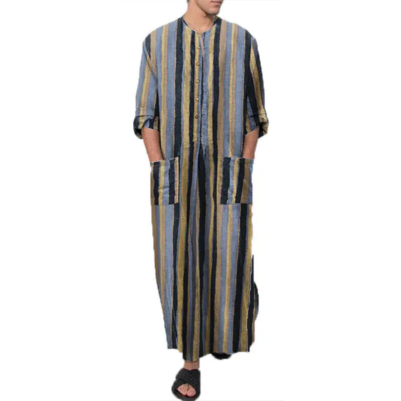 YUFEIDA Muslim Men Jubba Thobe Stripe Kimono Middle Robe Saudi Musulman Long Shirt Islamic Arabic Kaftan Men Abaya  Striped Robe