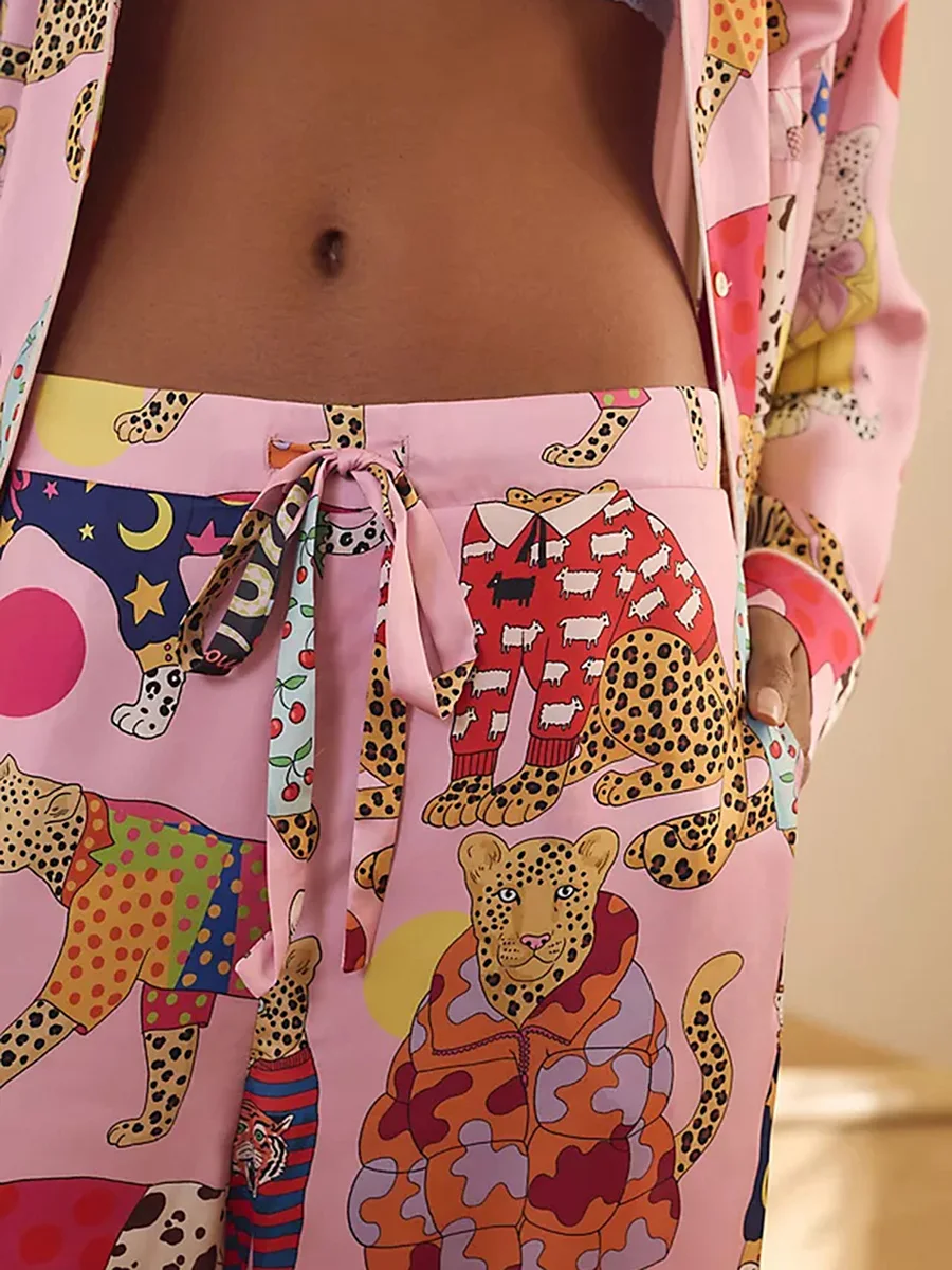 Женский пижамный комплект уютный осенний топ с принтом гепарда воротником