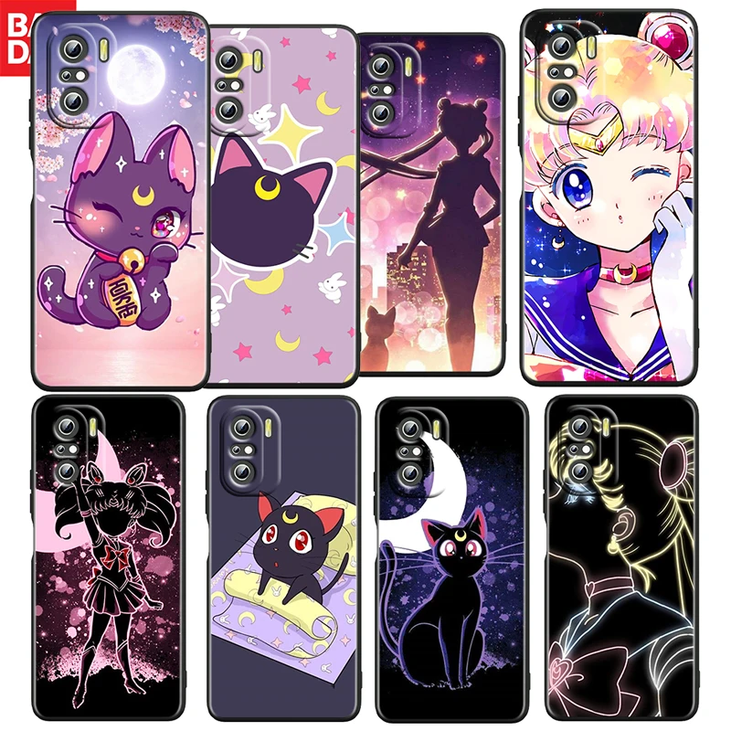 

Sailor Moon Cute Cat For Xiaomi Redmi K50 K40 Gaming K30 K20 Pro 5G 10X 9T 9A 9C TPU Soft Black Phone Case Fundas Coque Cover