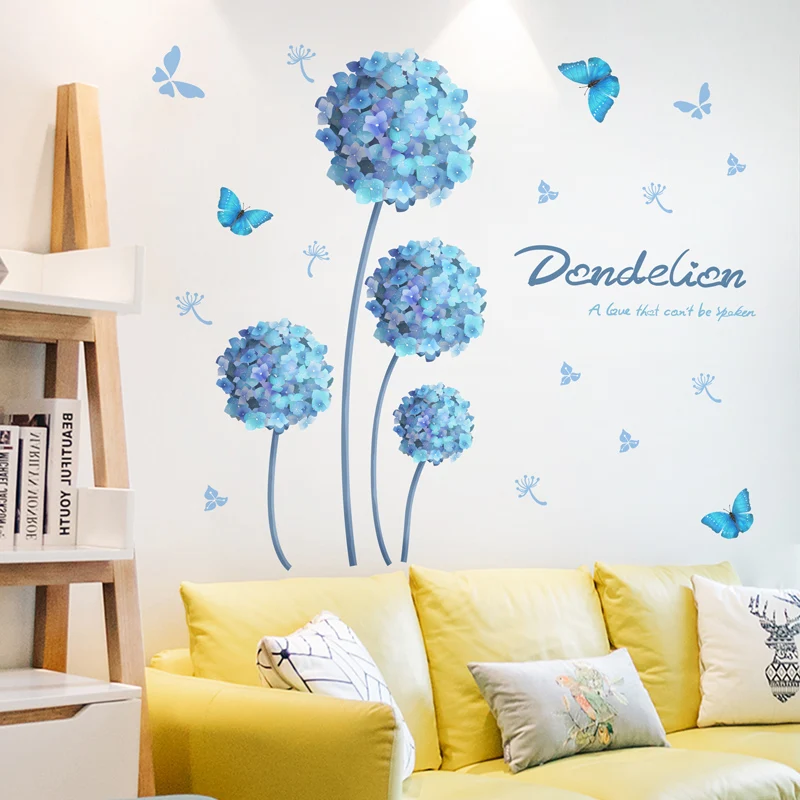 

Blue Flowers Wall Stickers PVC Material DIY Dandelions Plants Wall Decals for House Living Room Bedroom Decoration