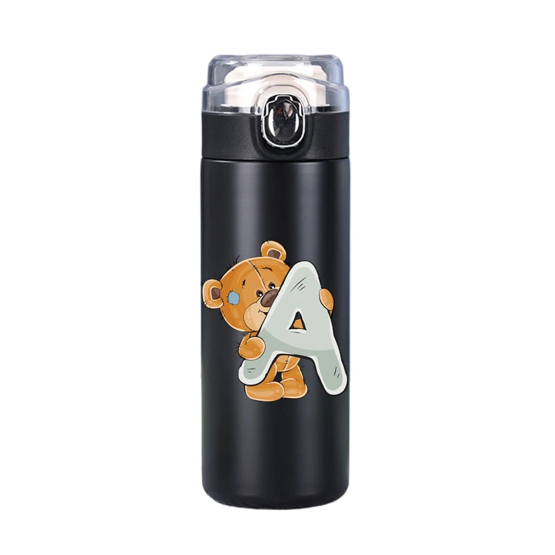 400ml Lovely Letter Printed Thermos Cup Pocket Stainless Steel Thermal Coffee Vacuum Flask Insulated Water Bottle black