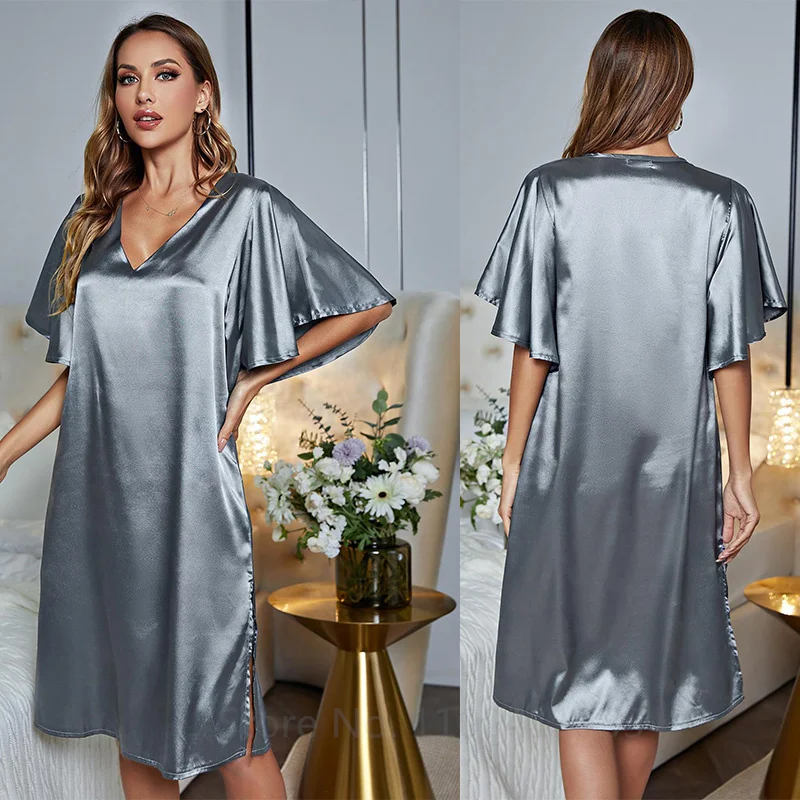 Women Solid Sleepdress Sexy V-Neck Nightgown Satin Sleepwear Summer Home Dressing Gown Lady Loose Nightwear Intimate Lingerie