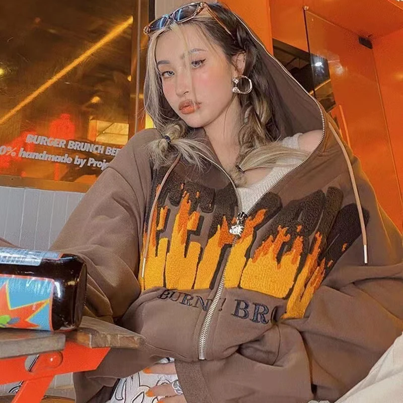 

Goth Y2K Sweatshirt Clothes Winter Brown Zip Sweatshirt Oversized Hoodie Jacket Women Retro Pocket Long Sleeve Pullover Woman