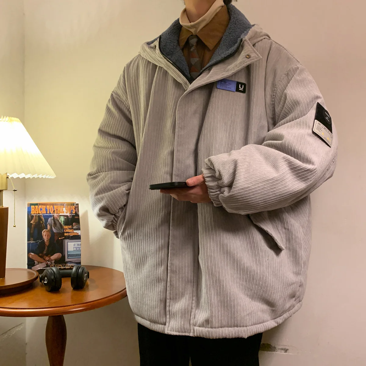 

Privathinker Вельветовая модная куртка с капюшоном для мужчин, мешковатое пальто большого размера из овечьей шерсти, куртка в стиле пэчворк, Мужская зимняя короткая верхняя одежда с капюшоном