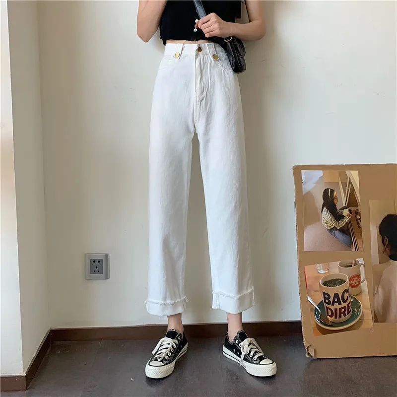 

DD3112 New Korean style loose nine points wide leg pants high waist straight jeans