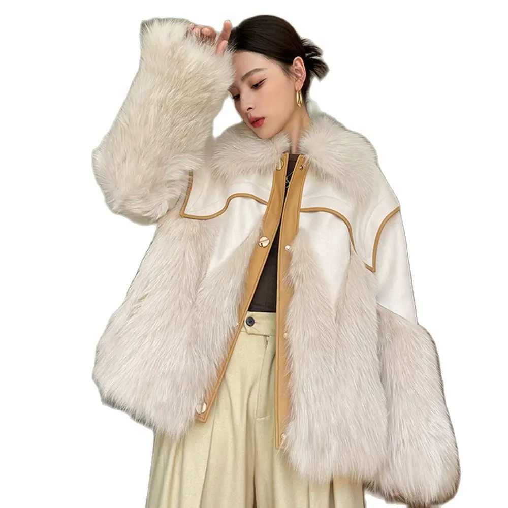Women Real Fur Coat Autumn Winter Fashion Thick Double-faced Fox Fur Suede Patchwork Fur Jacket Single Breasted Loose Outerwear