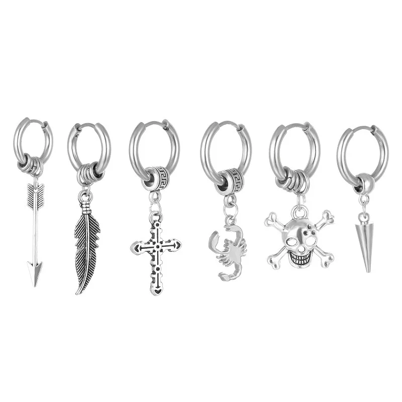 

1 Pcs Punk Cross Feather Skull Dangle Earrings For Women Man Quality Stainless Steel Hoop Charm Earring Trend Hiphop Ear Jewelry