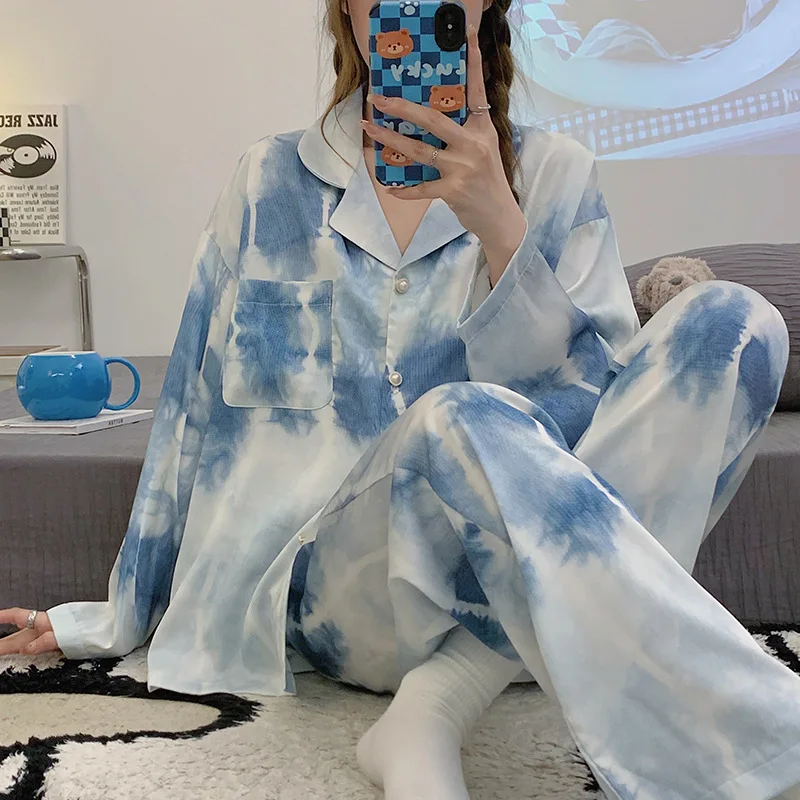 Ice Snow Silk Pajamas Women Spring Summer Thin Long-sleeved Soft Comfortable Cardigan Two-piece Printed Tide Outside Home Wear